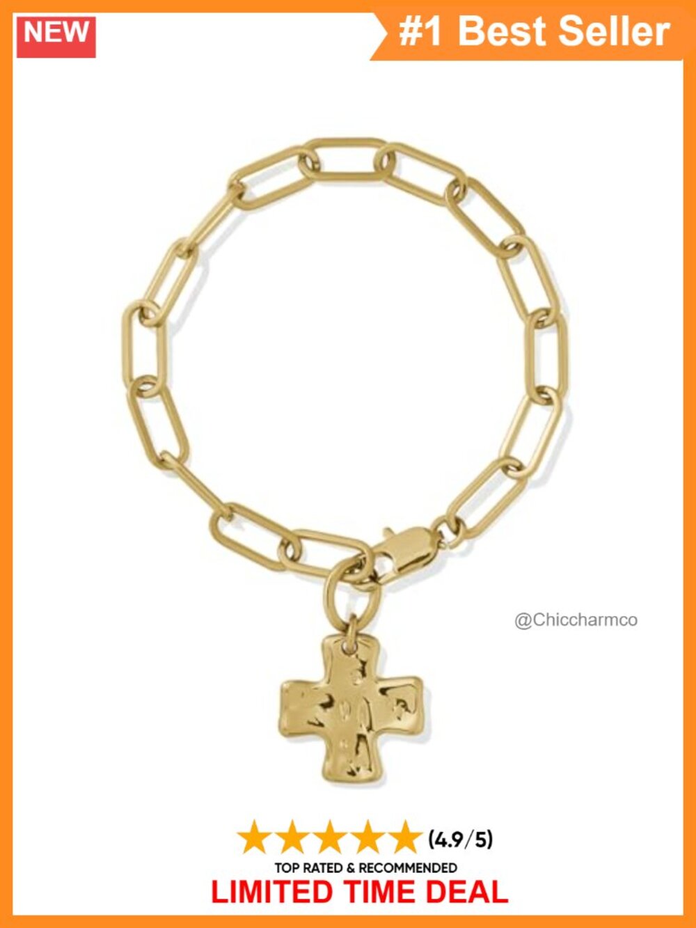 Chunky Cross Chain Bracelet Waterproof Tarnish-Free PVD Brass 7.5 Inch